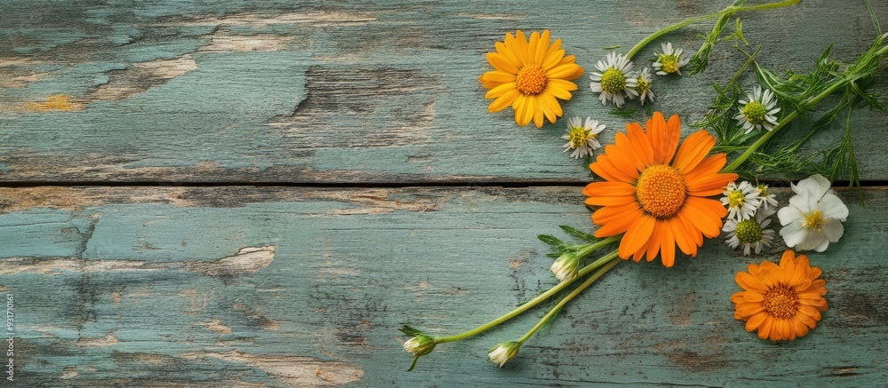 Aufkleber Close up of calendula chamomile and green twig on a wooden surface. with copy space image. Place for adding text or design
