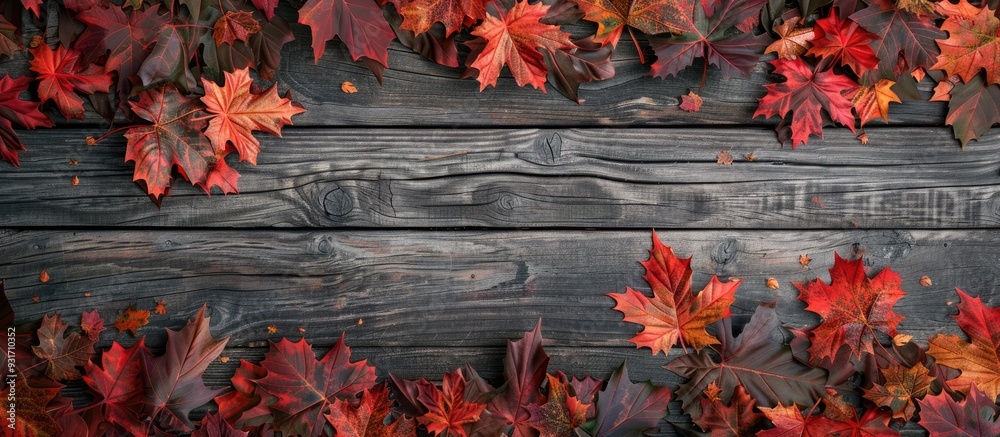Leinwandbilder Maple autumn leaves on a wooden surface. with copy space image. Place for adding text or design