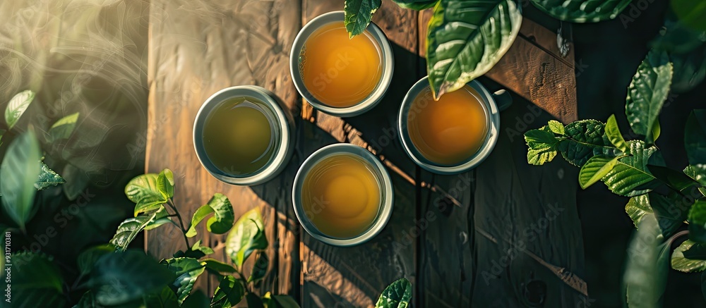 Poster two mugs of green tea viewed from above. with copy space image. Place for adding text or design