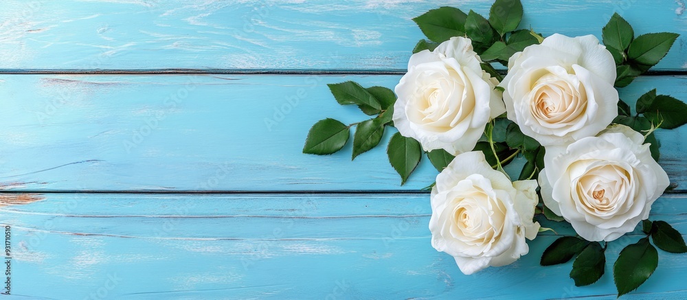 Poster Top view of lovely white roses on a blue wooden surface. with copy space image. Place for adding text or design