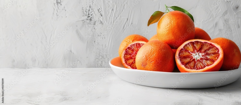 Leinwandbilder Composition of whole and sliced blood oranges arranged on a plate against a white table background. with copy space image. Place for adding text or design