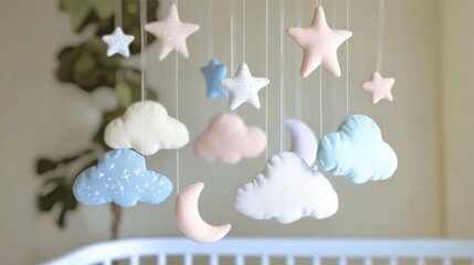 A dreamy pastel-colored mobile featuring soft clouds, stars, and moons gently hanging over a crib, [baby mobile], [whimsical and calming]