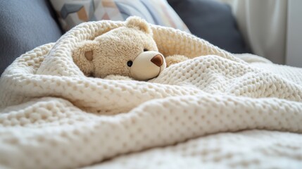 A soothing image of a cozy baby blanket with a plush teddy bear snugly tucked in, [cozy baby blanket], [comforting and warm]