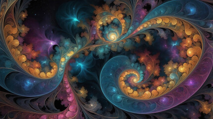 Abstract view of fractal patterns forming a swirling and vibrant cosmic landscape showcasing the colors and light of the infinite beauty of the universe
