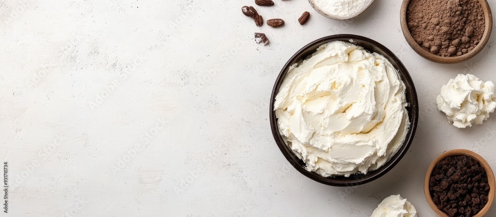 Aufkleber mascarpone cheese and ingredients for creating the italian dessert tiramisu on a light concrete surf
