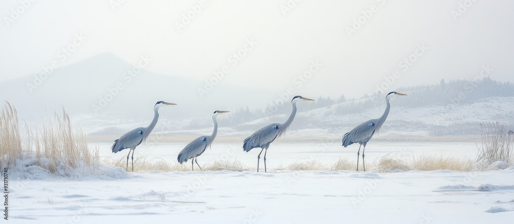 Poster cranes cranes drontal hokkaido cranes. with copy space image. place for adding text or design