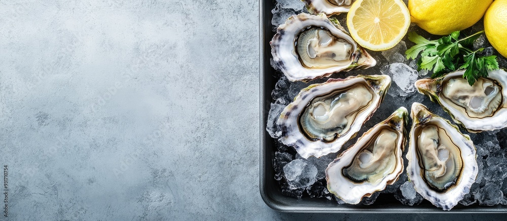 Poster freshly closed oysters raw seafood served with lemon and ice in a steel tray gray background top vie