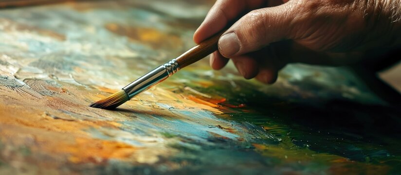 a hand gripping a small paintbrush closeup. with copy space image. Place for adding text or design