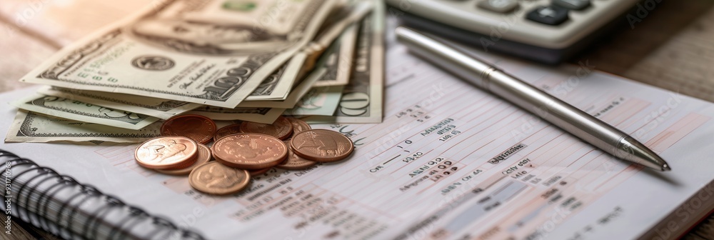 Fototapete a stack of cash and coins sit beside an open notebook filled with calculations and financial notes, 