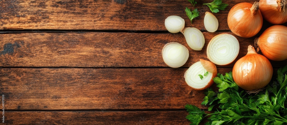 Leinwandbilder whole and sliced onions with parsley on a wooden table viewed from above space for text. with copy s