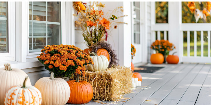Cozy fall house featuring a front door and porch adorned with a festive autumn wreath, flower pots, and pumpkins