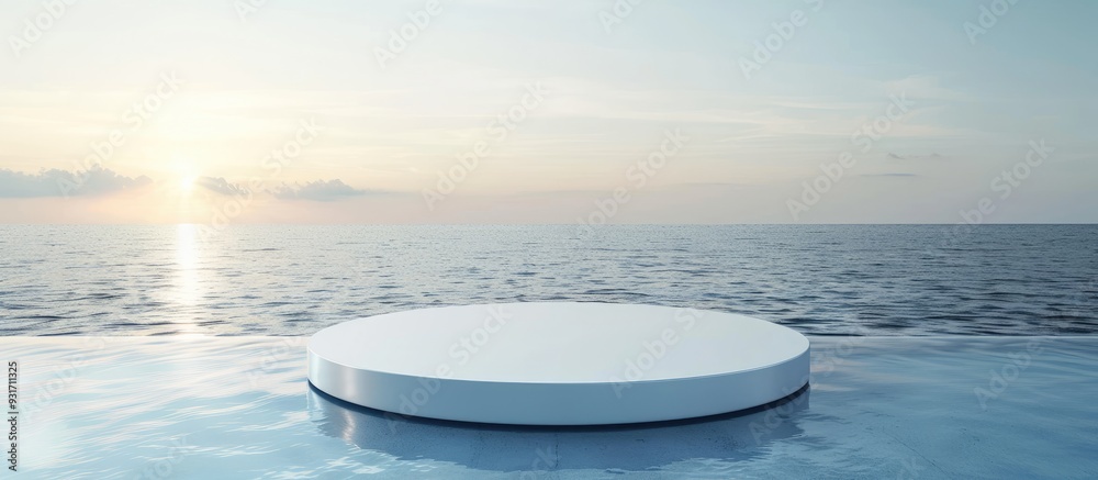 Poster empty white circular podium on transparent calm blue water with splashes and waves in sunlight abstr