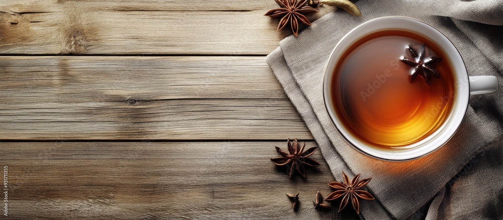 Aufkleber Aromatic tea with anise stars on a wooden table Room for text. with copy space image. Place for adding text or design