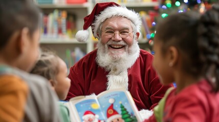 Santa Claus joyfully shares a Christmas storybook with delighted children, spreading festive cheer.