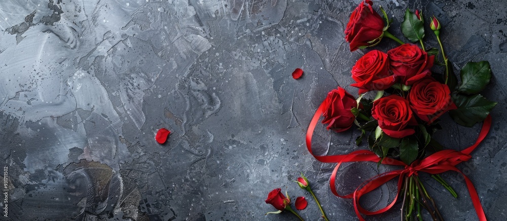 Poster Holiday background for Valentine s Day featuring a bouquet of red roses tied with a red ribbon alongside a wrapped gift box set on a gray stone table Copy space top view
