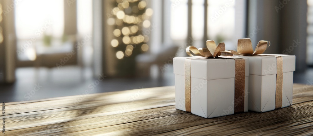 Poster gift boxes atop a wooden surface. with copy space image. place for adding text or design