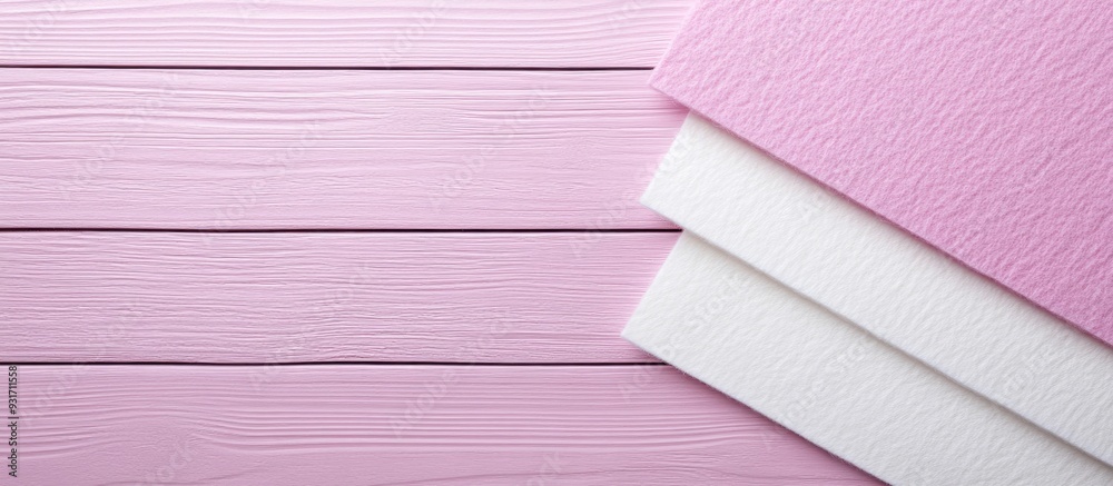 Poster pink and white felt sheets on a lilac wooden surface with copyspace for text felt backdrop