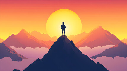 A silhouette of a person standing on a mountain peak at sunrise, symbolizing achievement, ambition, and the pursuit of goals, with the sun casting a warm glow over the distant mountains.