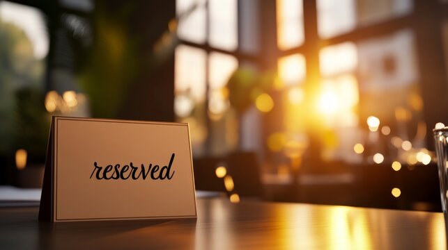 A cozy restaurant setting featuring a 'reserved' sign on a table, illuminated by warm sunset light, creating an inviting atmosphere.