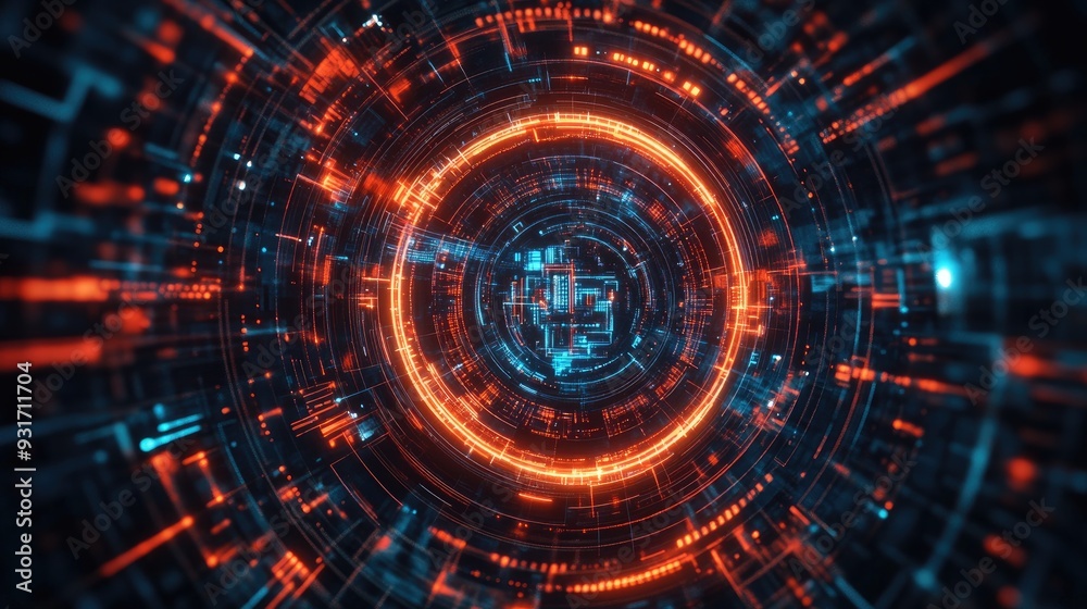 Poster dynamic digital tech circle with intricate patterns, glowing against a dark backdrop, symbolizing ad