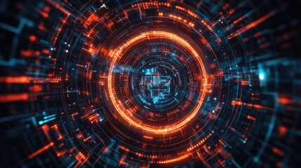 Fototapeta premium Dynamic digital tech circle with intricate patterns, glowing against a dark backdrop, symbolizing advanced technology.