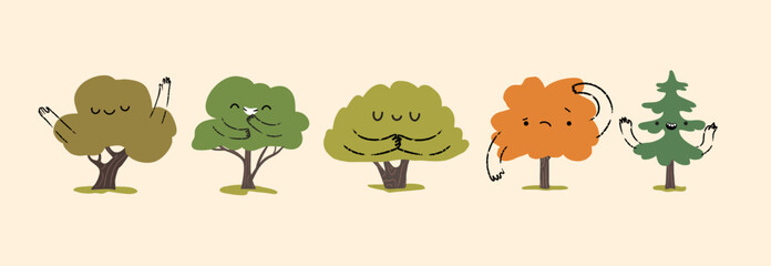 Set of cute diverse isolated trees with emotions.