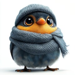 Cute Happy Mynah Bird Isolated on White Background Wearing Cold Weather or Winter Outfit. Cartoon Character - Mascot