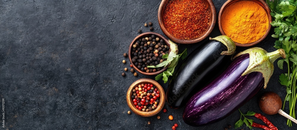 Aufkleber image featuring eggplant and various kitchen spices. with copy space image. place for adding text or