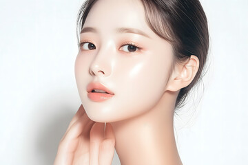 Fototapeta premium High-Quality Portrait of a Beautiful Korean Woman with Clean, Healthy Skin, Captured in Studio Lighting for an Ad or Magazine Cover