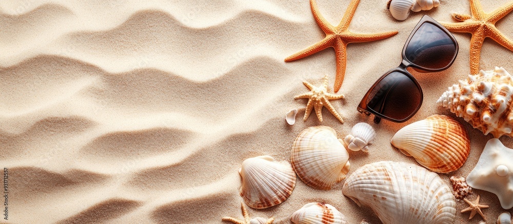Poster summer backdrop featuring sea sand adorned with seashells starfish and sunglasses concept of summer 