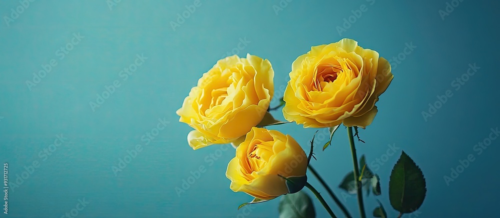 Poster Close up of yellow roses against a blue background with soft selective focus. with copy space image. Place for adding text or design