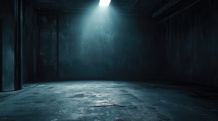 Empty dark room with a cold concrete floor, illuminated by a focused spotlight, ideal for moody, cinematic scenes.