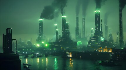 Futuristic Landscape with Advanced Carbon Capture Technology and Glowing Green Energy Crystals
