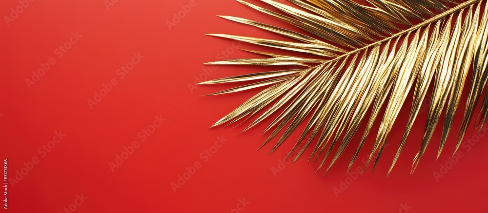 Aufkleber shiny gold glossy palm tree leaf isolated on a red background flat lay top view with copyspace minim