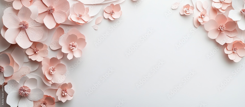 Fototapete paper blossoms on a white paper backdrop. with copy space image. place for adding text or design