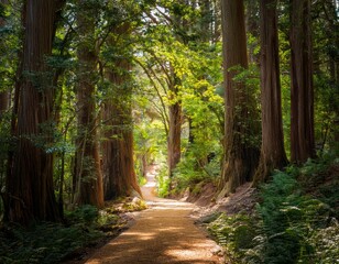 Obraz premium A forest path winds between trees, sunlight filtering through leaves, inviting peaceful serenity.