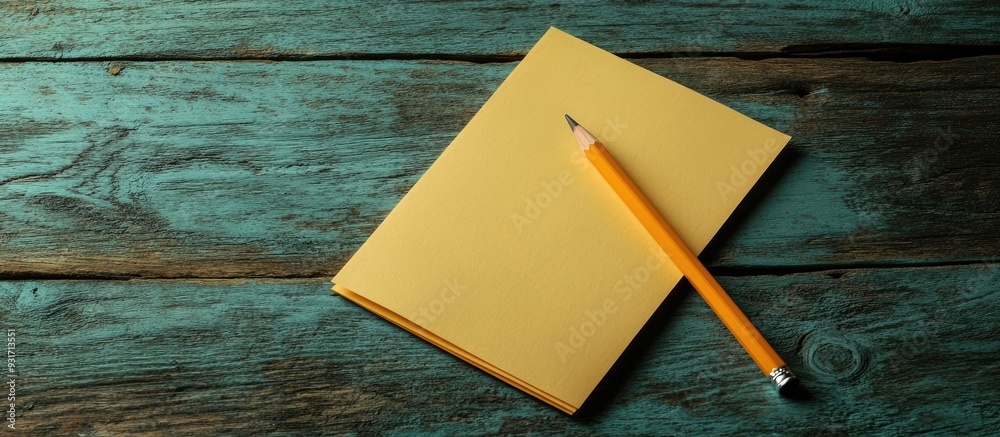 Poster Pastel colored paper and pencil on a rustic wooden background creating a minimalist back to school copy space for text