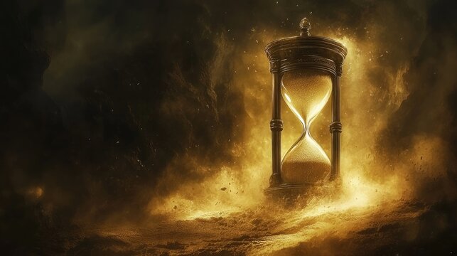 A detailed fantasy illustration of an hourglass, with enchanted sand slowly flowing. The image symbolizes the fluidity of time and is perfect for themes of history, future, or magic.