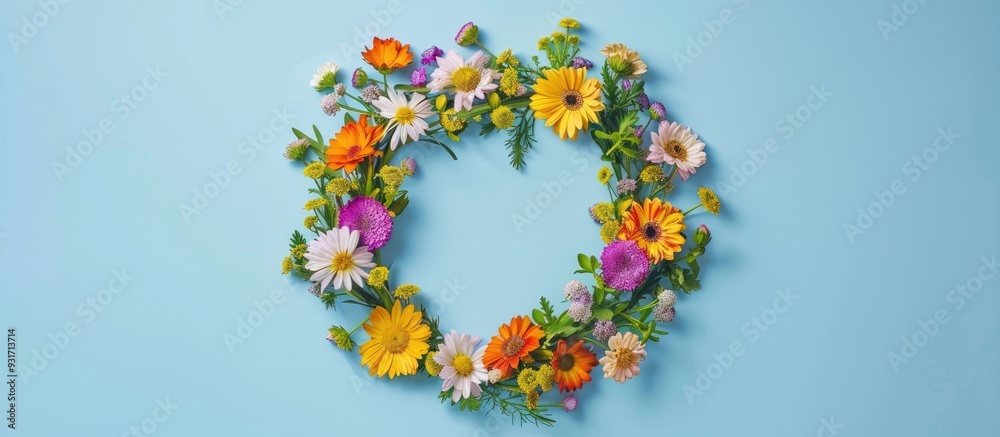Poster Spring circle frame floral arrangement on a blue background with copyspace for text Flat lay top view Concept for an Easter greeting card and poster