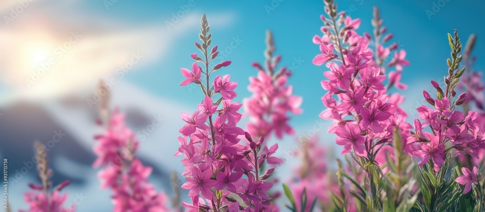 Poster pink dwarf fireweed blossoms glacier and blue sky. with copy space image. place for adding text or d