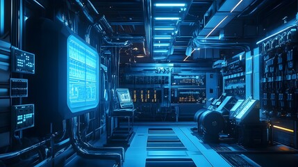 Futuristic Cyberpunk Inspired High Tech Control Room with Neon Lighting and Advanced Digital Interfaces