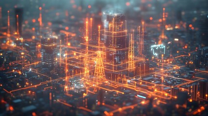 Obraz premium Glowing Futuristic Cityscape at Night with Illuminated Skyscrapers and Neon Digital Infrastructure
