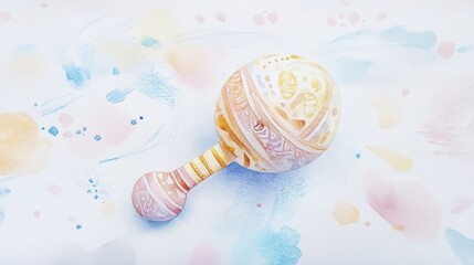 A gentle watercolor painting of a baby rattle in soft pastel shades with delicate patterns, [baby rattle watercolor], [playful and soft]