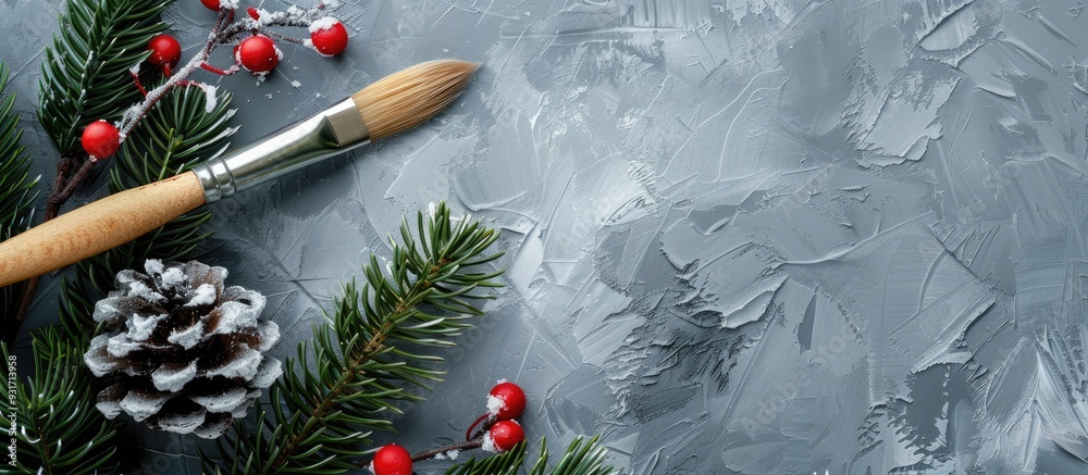 Aufkleber Top view of a paintbrush with a Christmas arrangement on a gray background Close up. with copy space image. Place for adding text or design