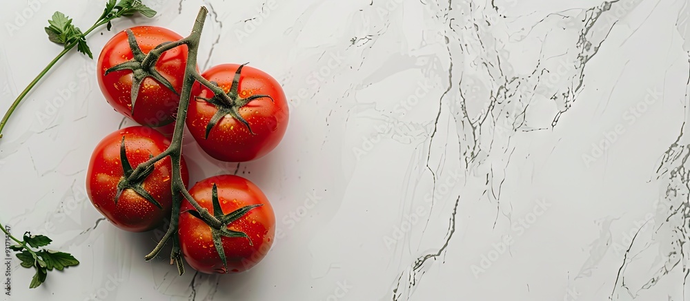 Aufkleber top view of two tomato branches resting on a light background flat lay featuring copy space