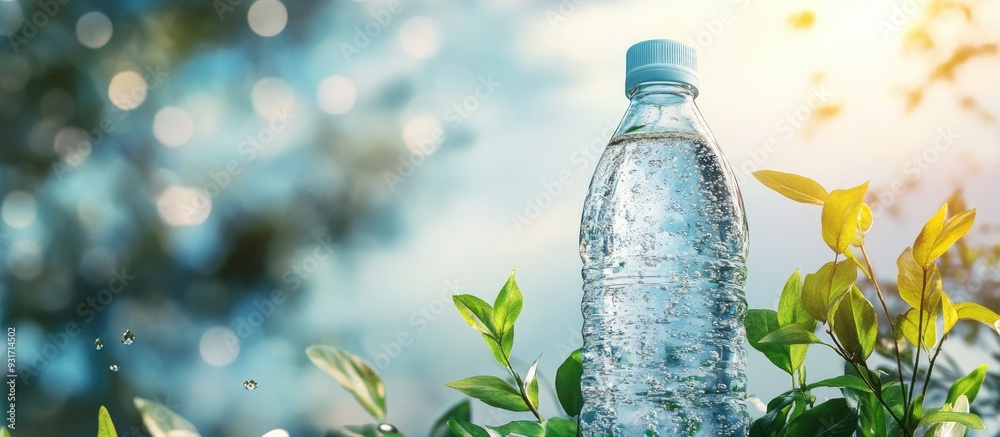 Poster plastic bottle filled with water against a blurry background of the sky and trees suitable for wallp