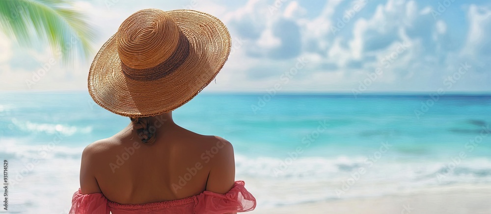 Aufkleber Woman with a straw hat at the beach. with copy space image. Place for adding text or design