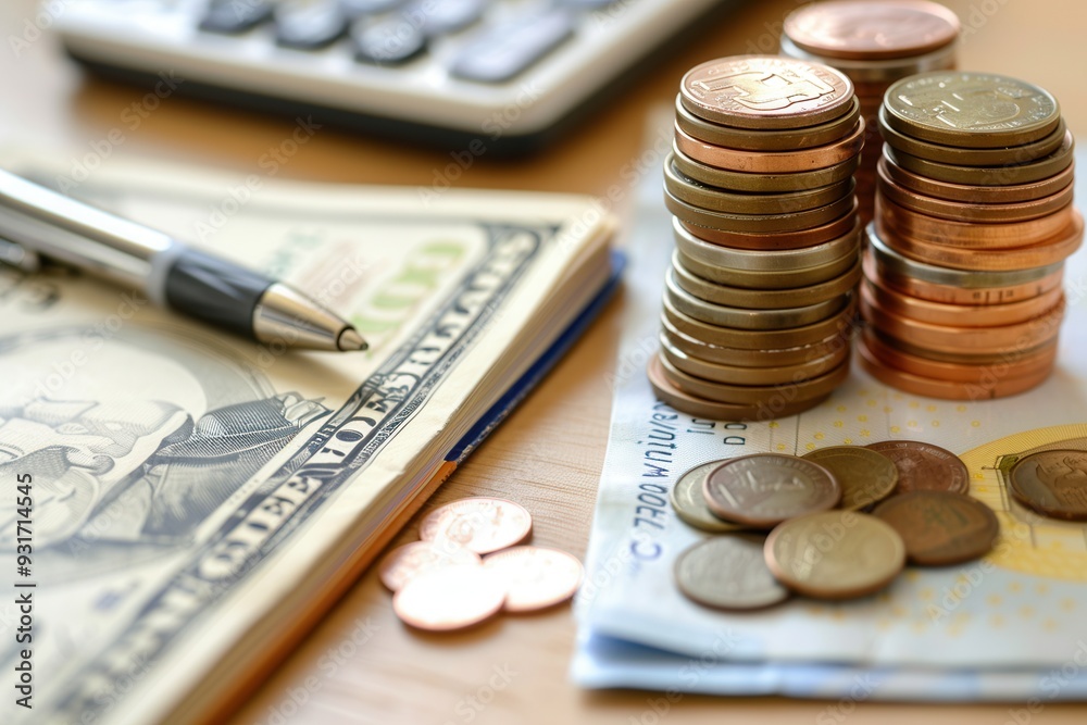 Fototapete cash, various coins, and an open notebook filled with calculations are arranged neatly on a desk, sh