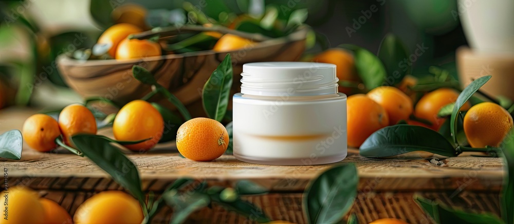 Poster a white jar of cosmetic cream alongside kumquat fruit on a wooden surface. with copy space image. pl
