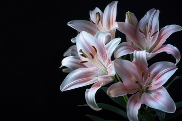 A beautiful arrangement of pink lilies against a black background, showcasing their delicate petals and vibrant colors